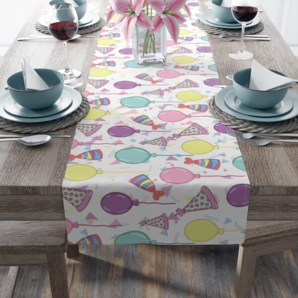 happy birthday cotton table runner white on table with dishes