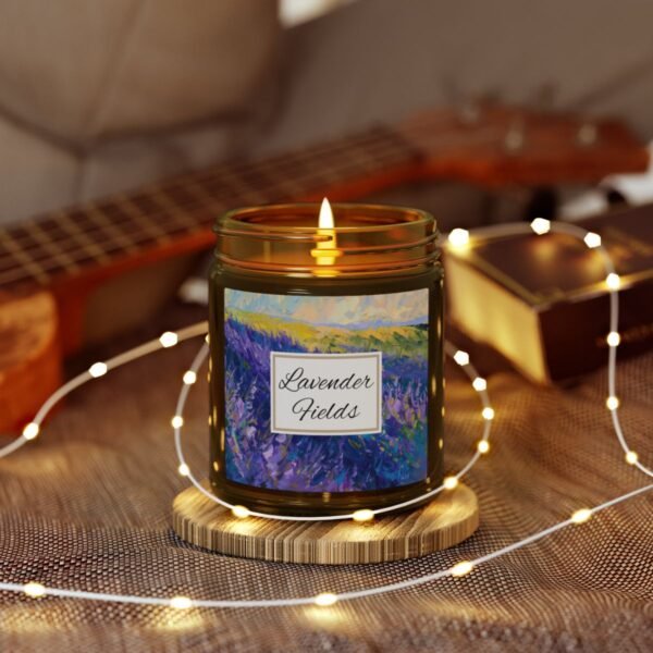 lavender fields 9oz Lit Candle Amber Jar with string lights lavender fields 9oz Lit Candle Amber Jar with string lights