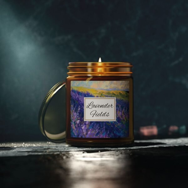 lavender fields 9oz lit Candle Amber Jar with gray studio lights lavender fields 9oz lit Candle Amber Jar with gray studio lights