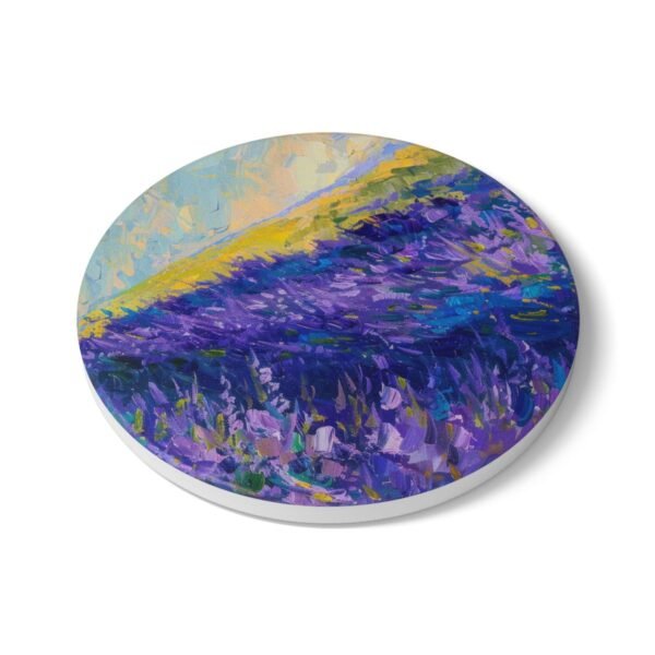 lavender fields ceramic tile coaster round side view