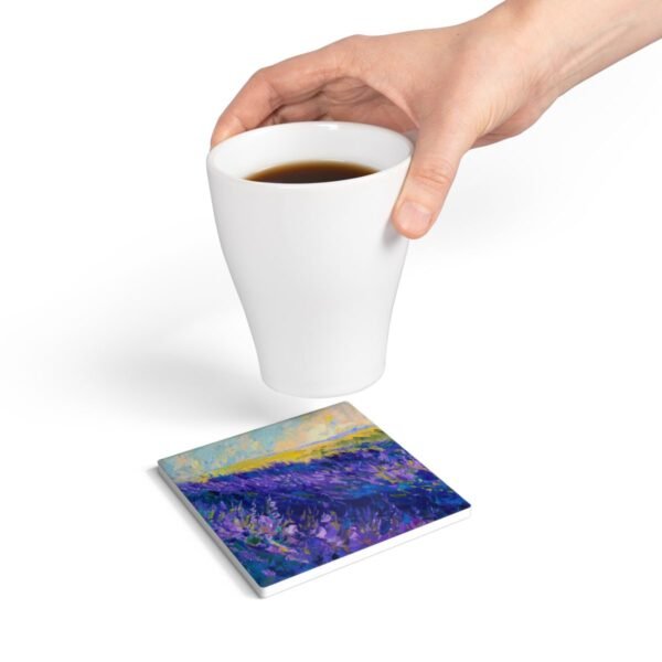 lavender fields ceramic tile coaster square with hand holding coffee cup