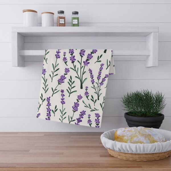 lavender sprigs kitchen tea towel hanging on rack lavender sprigs kitchen tea towel hanging on rack