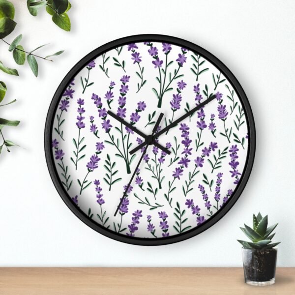 lavender sprigs wall clock black with black hands over shelf lavender sprigs wall clock black with black hands over shelf