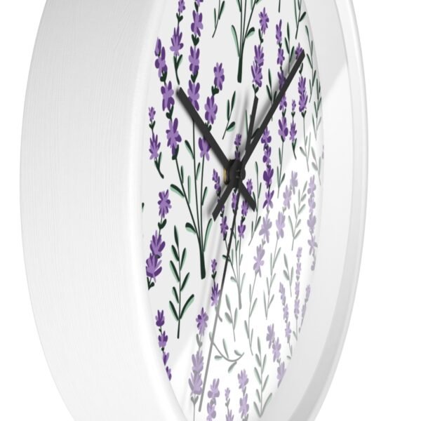 lavender sprigs wall clock white with black hand side view lavender sprigs wall clock white with black hand side view