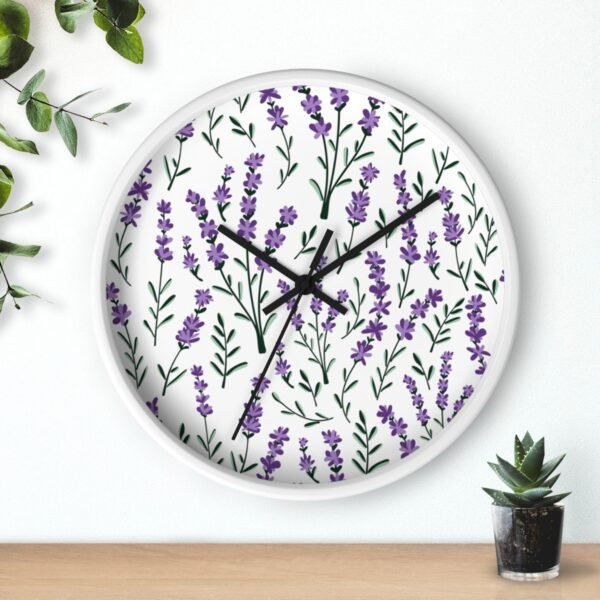 lavender sprigs wall clock white with black hands over shelf lavender sprigs wall clock white with black hands over shelf