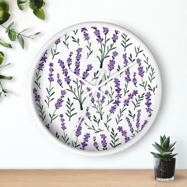 lavender sprigs wall clock white with white hands over shelf lavender sprigs wall clock white with white hands over shelf