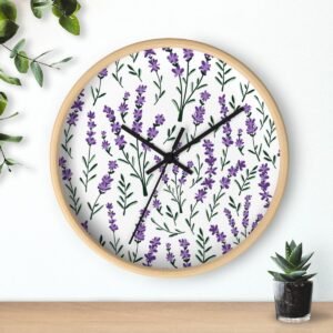 lavender sprigs wall clock wood with black hands over shelf lavender sprigs wall clock wood with black hands over shelf