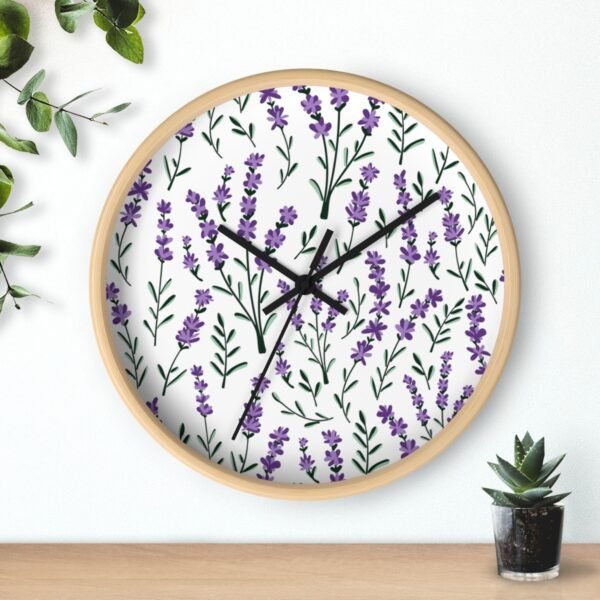 lavender sprigs wall clock wood with black hands over shelf lavender sprigs wall clock wood with black hands over shelf