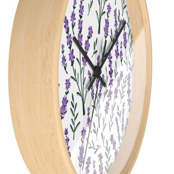 lavender sprigs wall clock wood with black hands side view lavender sprigs wall clock wood with black hands side view