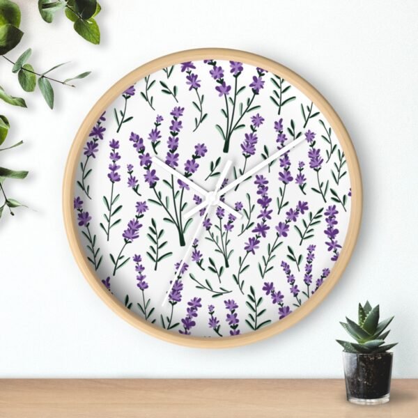 lavender sprigs wall clock wood with white hands over shelf lavender sprigs wall clock wood with white hands over shelf