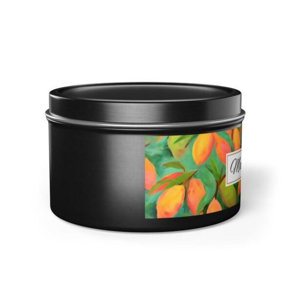 mango coconut 8 oz black tin candle jar side view