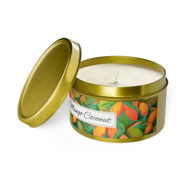 mango coconut 8 oz gold tin candle jar lid off