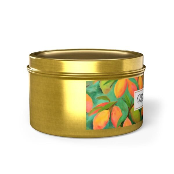 mango coconut 8 oz gold tin candle jar side view