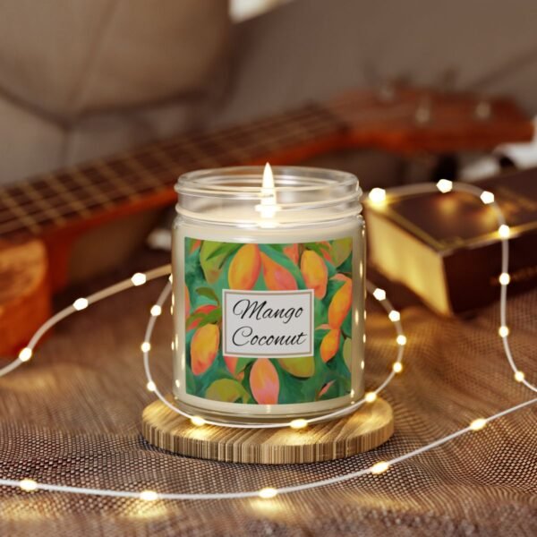 mango coconut lit candle clear jar with string lights
