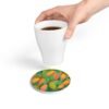 mangoes ceramic tile coaster round with hand holding coffee cup