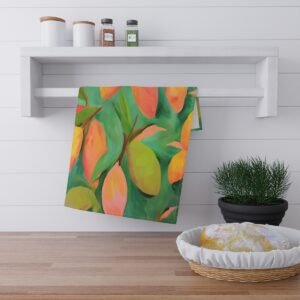 mangoes kitchen tea towel hanging on rack