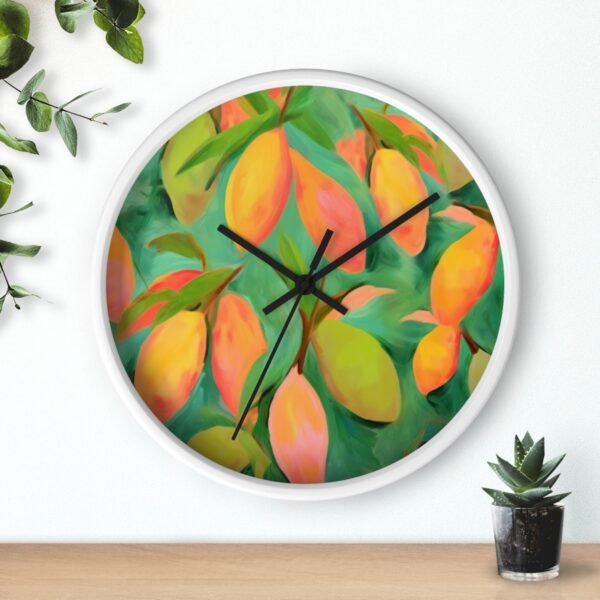 mangoes wall clock white frame black hands above shelf