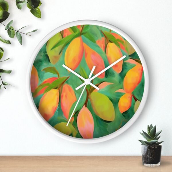 mangoes wall clock white frame white hands above shelf