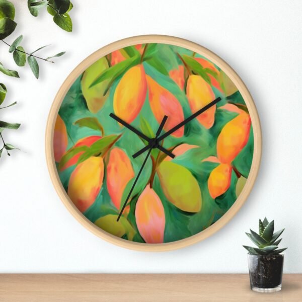 mangoes wall clock wood frame black hands above shelf