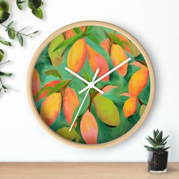 mangoes wall clock wood frame white hands above shelf