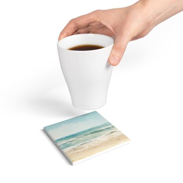 ocean breeze ceramic tile coaster square with hand holding coffee cup