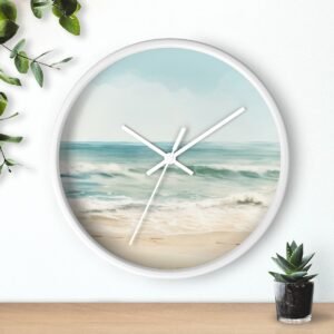 ocean breeze wall clock white frame white hands above shelf ocean breeze wall clock white frame white hands above shelf