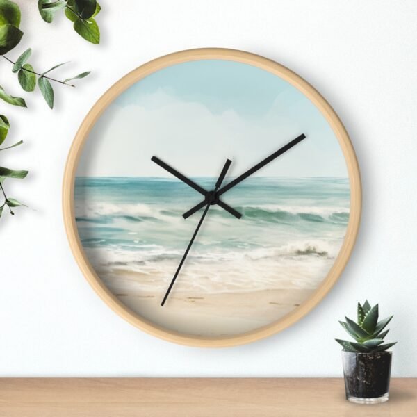 ocean breeze wall clock wood frame black hands above shelf