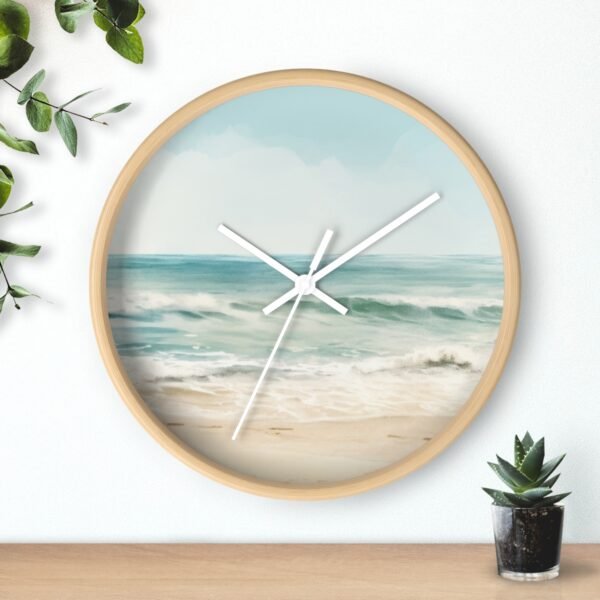 ocean breeze wall clock wood frame white hands above shelf