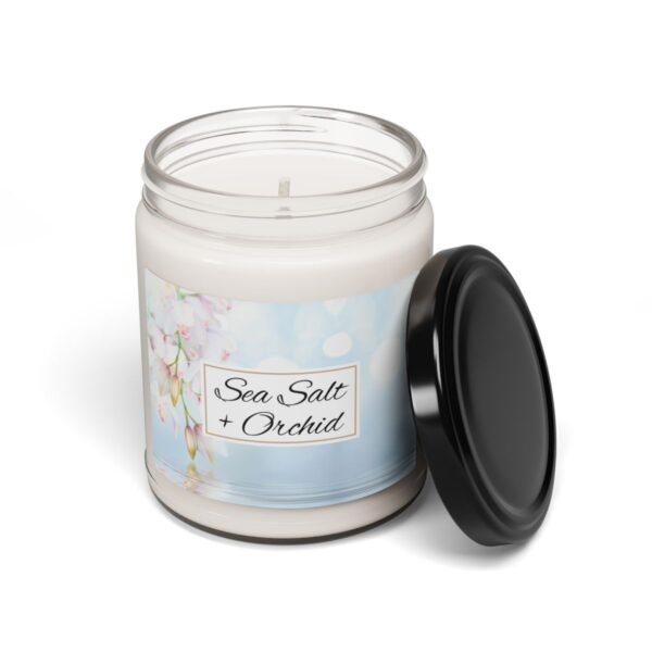sea salt orchid soy wax candle with lid off