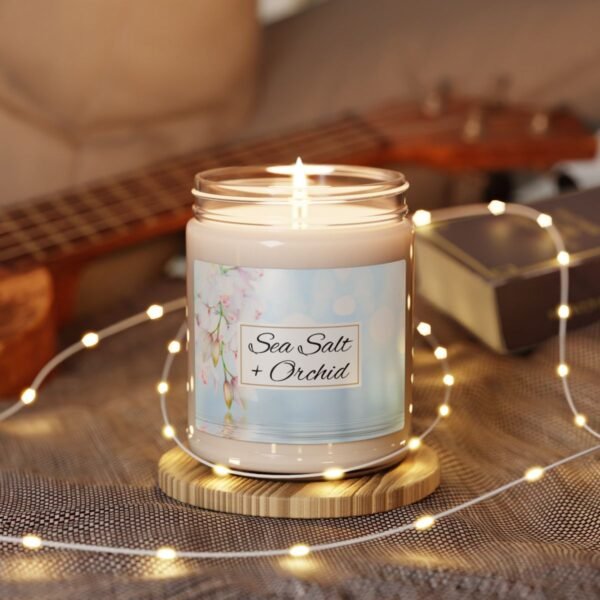 sea salt orchid soy wax lit candle with string lights