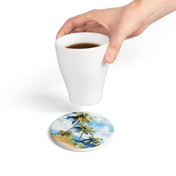 tropical retreat ceramic tile coaster round with hand holding coffee cup