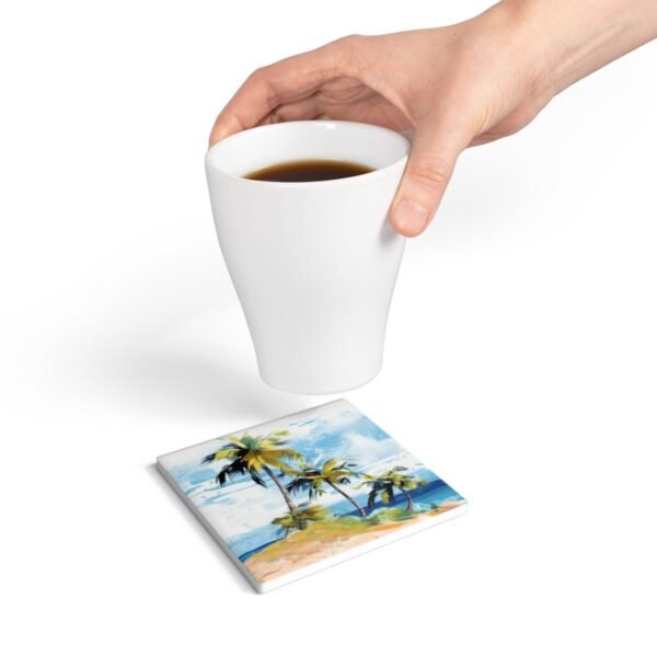 tropical retreat ceramic tile coaster square with hand holding coffee cup