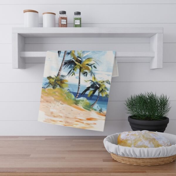 tropical retreat kitchen tea towel hanging on rack