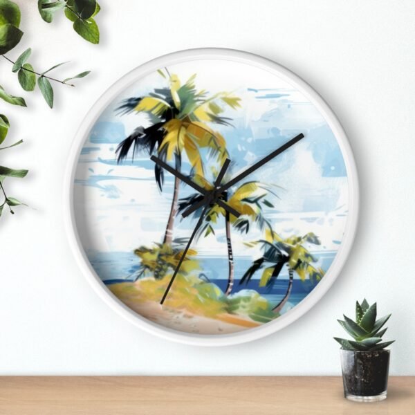 tropical retreat wall clock white frame black hands over shelf tropical retreat wall clock white frame black hands over shelf