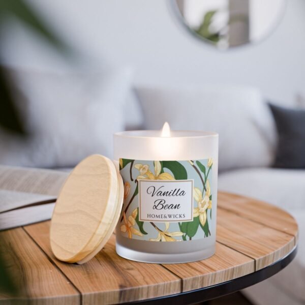 vanilla bean coconut soy lit wood wick candle sitting on table