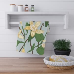 vanilla bean tea towel hanging on rack