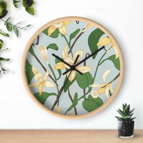 vanilla bean wall clock wood frame black hands above shelf