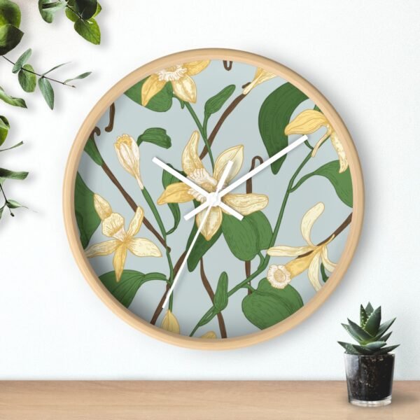 vanilla bean wall clock wood frame white hands above shelf