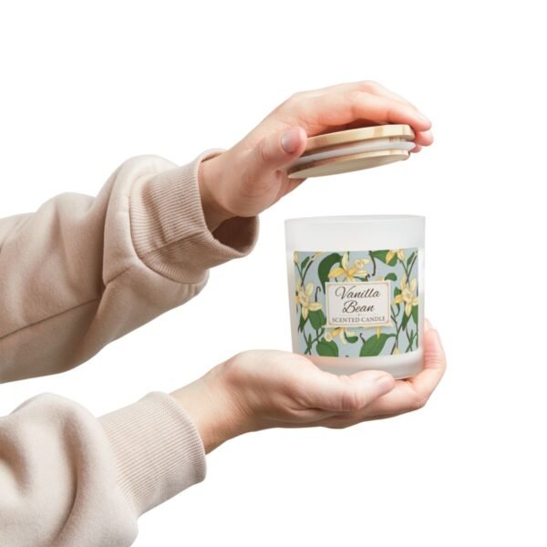 vanilla bean wood wick candle with hands holding jar and lid