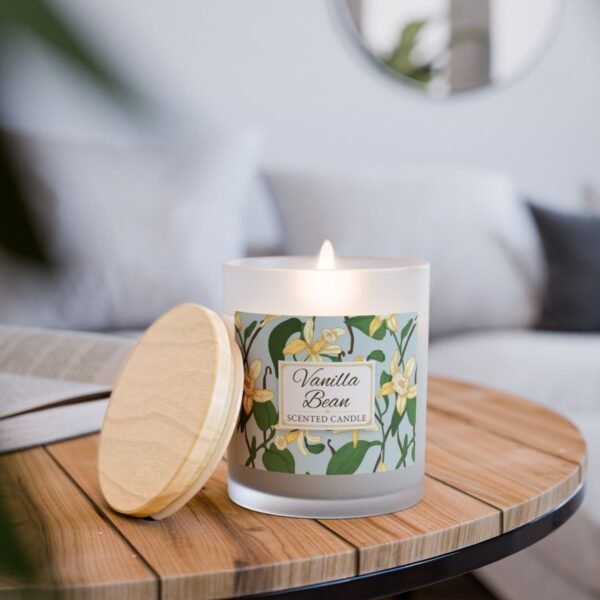 vanilla bean wood wick lit candle on table