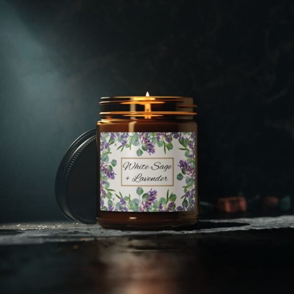 white sage lavender soy lit candle 9 oz amber jar with gray studio lighting white sage lavender soy lit candle 9 oz amber jar with gray studio lighting