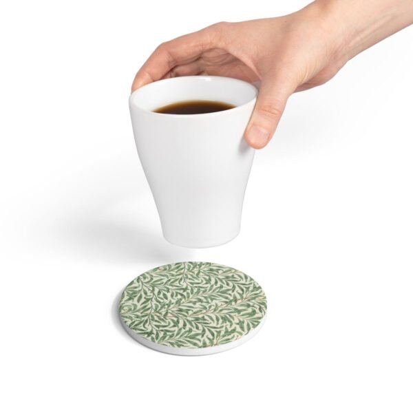 willow boughs ceramic tile coaster round with hand holding coffee cup willow boughs ceramic tile coaster round with hand holding coffee cup