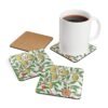 Fruit Morris hardboard coasters with coffee cup