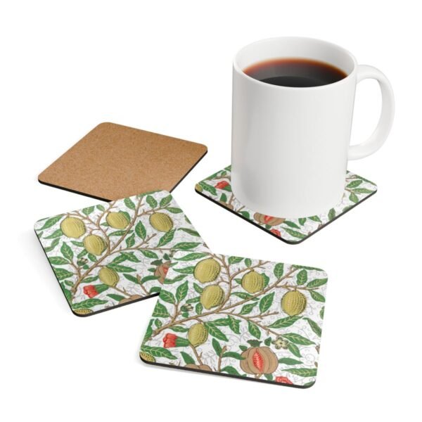 Fruit Morris hardboard coasters with coffee cup