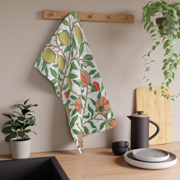 Fruit William Morris tea towels hanging in a kitchen