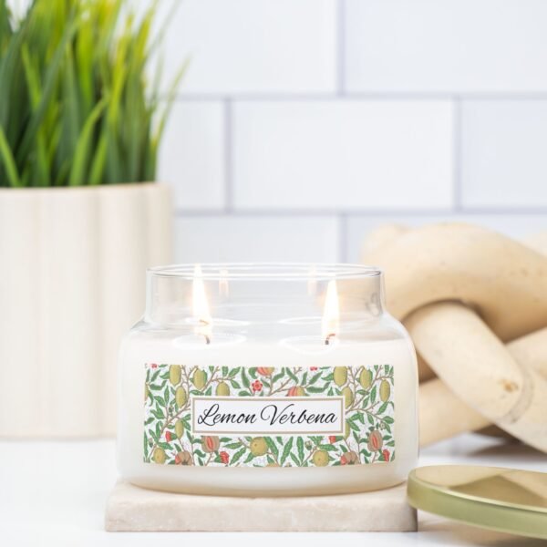 Lemon Verbena 2 wick apothecary candle in a kitchen setting Lemon Verbena 2 wick apothecary candle in a kitchen setting