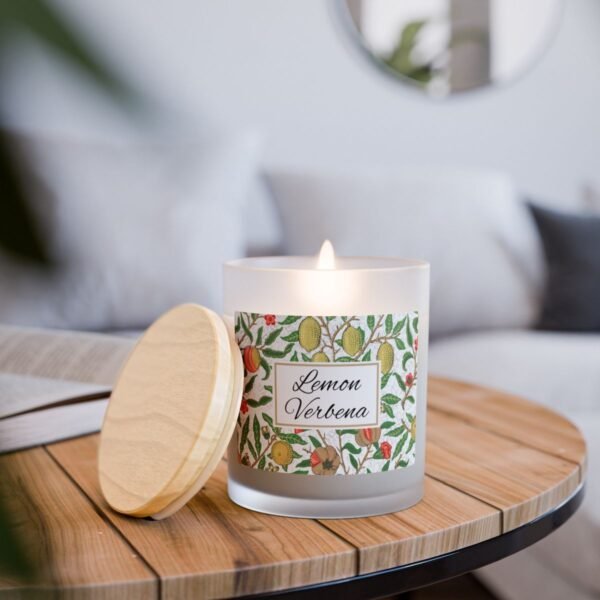 Lemon Verbena Wood Wick lit Candle on table