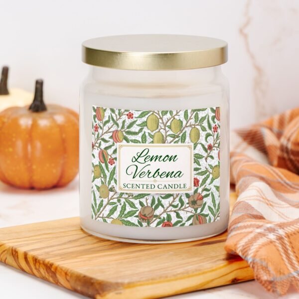 Lemon Verbena candle in apothecary jar in kitchen with pumpkin