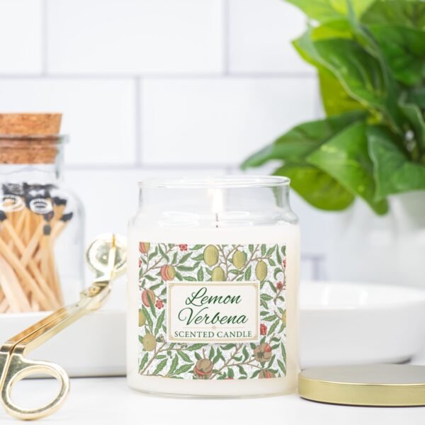 Lemon Verbena candle in apothecary jar sitting on counter