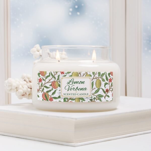 Lemon Verbena double wick lit candle in apothecary jar in winter scene Lemon Verbena double wick lit candle in apothecary jar in winter scene